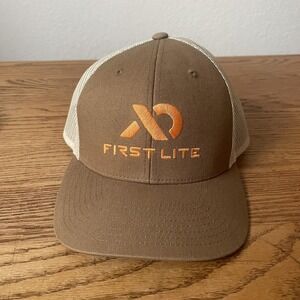 First Lite Hat Cap Snap Back Trucker Mesh Brown Tan Embroidered Mens Outdoor